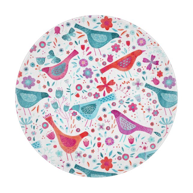 Planche À Découper Oiseaux d'aquarelle dans un jardin de fleurs peint (Devant)