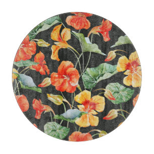 Planche À Découper Orange de Nasturtium : Aquarelle Motif foncé.