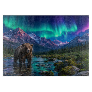 Planche À Découper Ours brun et aurores boréales