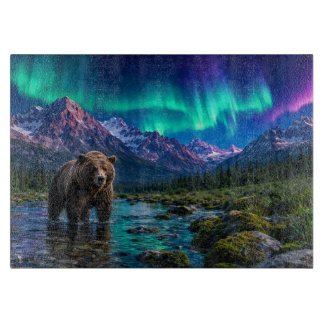 Planche À Découper Ours brun et aurores boréales