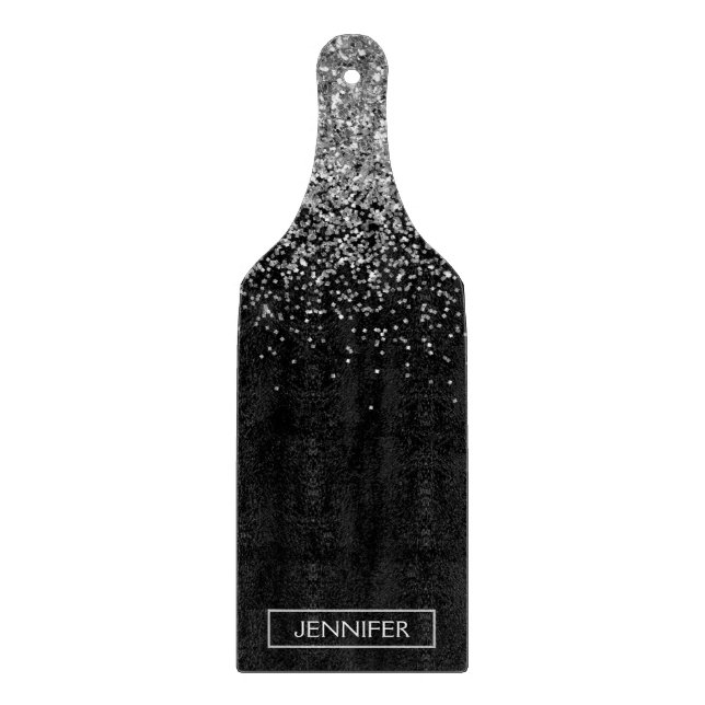Planche À Découper Pailleté Noir Argenté Nom Monogramme Féminin (Devant)