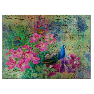 Planche À Découper Paon et fleurs illustrés antiques grunge