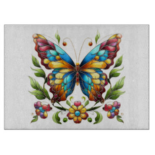 Planche À Découper Papillon en vitrail coloré avec fleurs