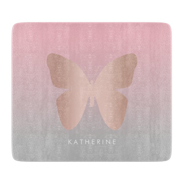 Planche À Découper Papillon rose d'or élégant et tendance (Devant)