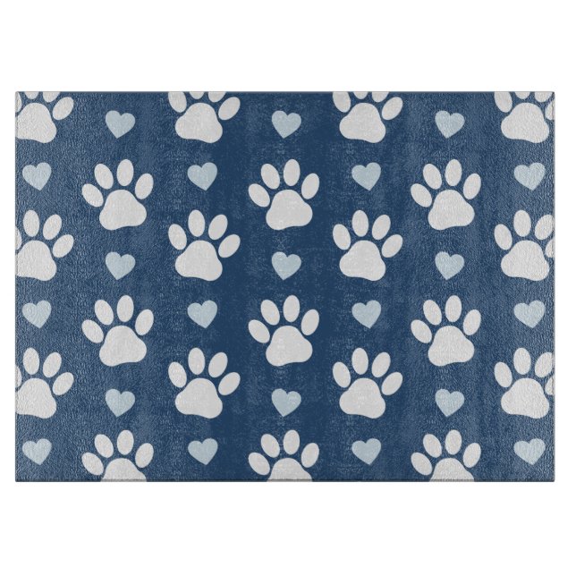 Planche À Découper Pattern of paws, Dog paws, White paws, Blue Hearts (Devant)