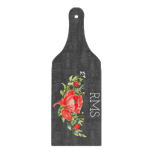 Planche À Découper Pavot rouge sur gris Monogramme personnalisable