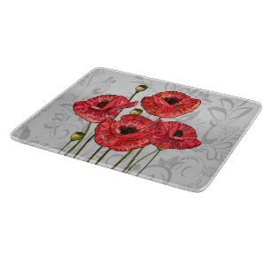 Planche À Découper Pavots rouges sur floral gris lunatique