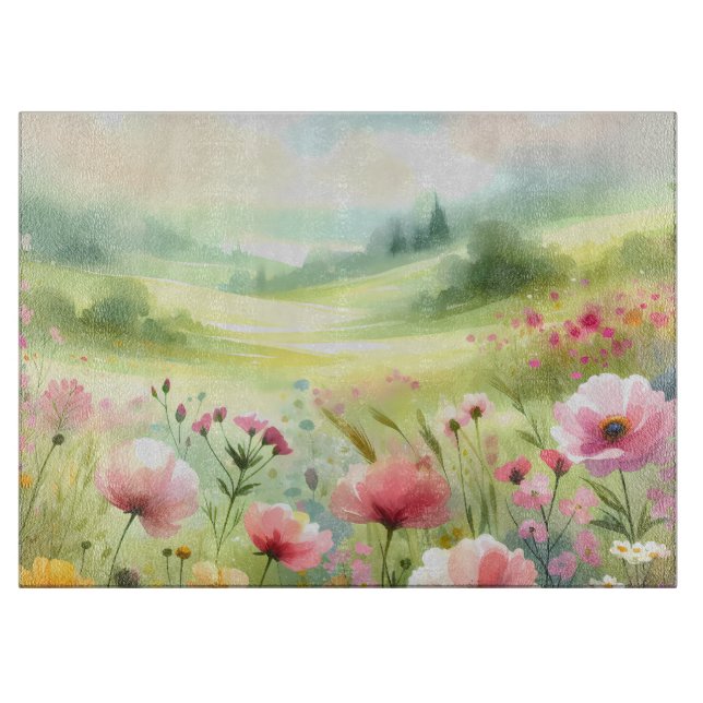 Planche À Découper Paysage de prairie fleurie pastel (Devant)