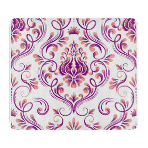 Planche À Découper Pêche et mauve Damas Floral Elegant Verre