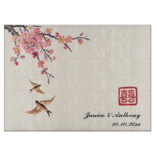 Planche À Découper Peinture à l'encre chinoise fleurs oiseaux mariage