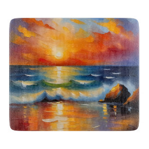 Planche À Découper Peinture à l'huile de couché de soleil orange sur 