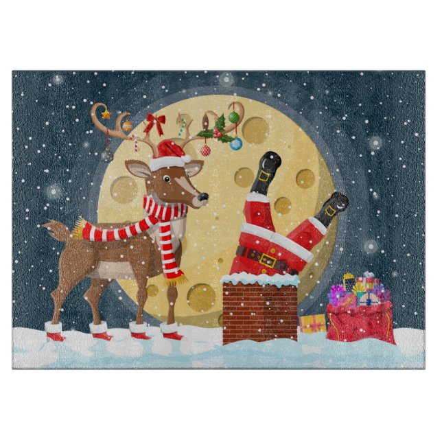 Planche À Découper Père Noël et Rudolph sur le toit (Devant)