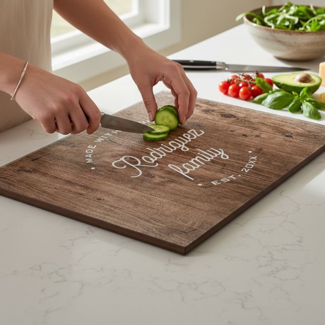 Planche À Découper Personalized Family Name est. year faux wood (Custom family name and year faux wood glass cutting board )