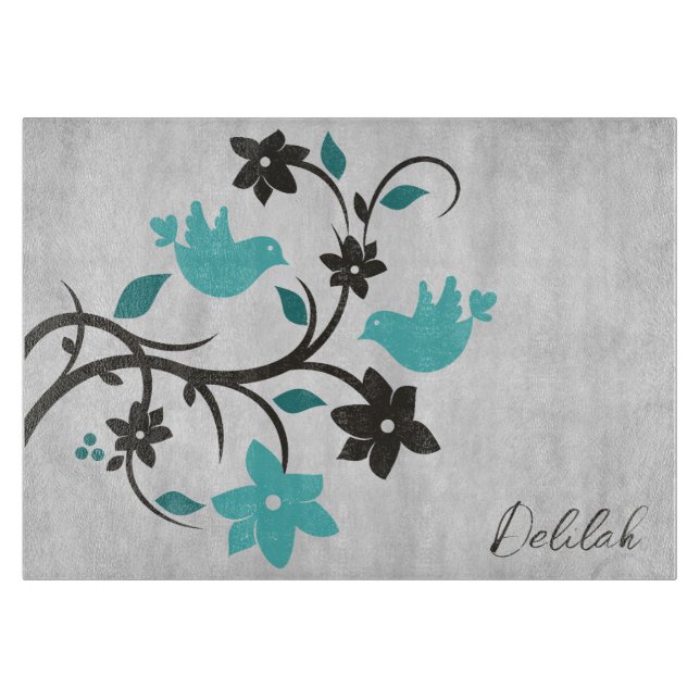 Planche à découper personnalisée Lovebirds turquoi (Devant)