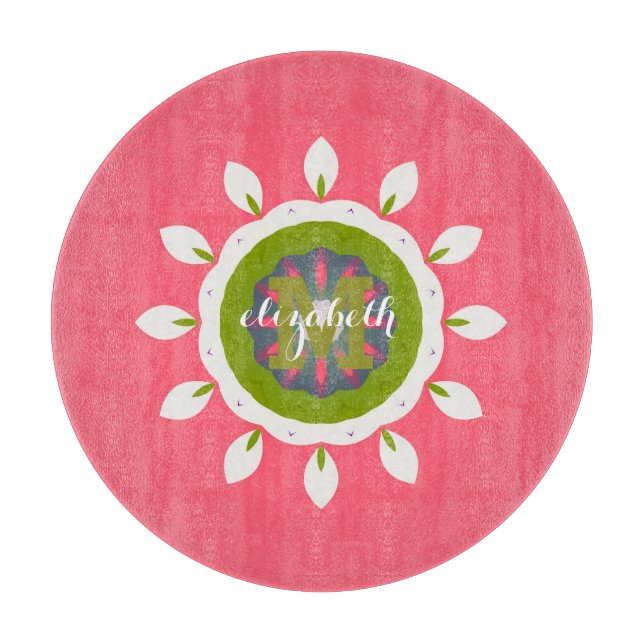Planche À Découper Pétales blancs assez roses Mandala Nom personnalis (Devant)