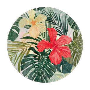 Planche À Découper Plantes tropicaux hawaïens, fleurs colorées.