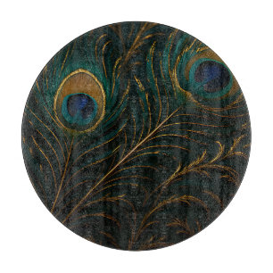 Planche À Découper Plumes de Paon Luxueuses Motif Sarcelle Doré