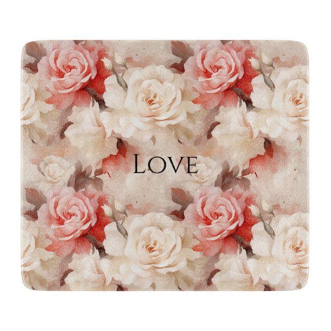 Planche À Découper Plutôt rose Crème Bleue Rose Floral (Devant)