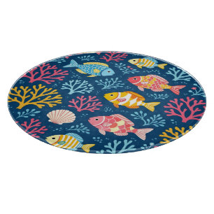 Planche À Découper Poisson et corail bleu nautique