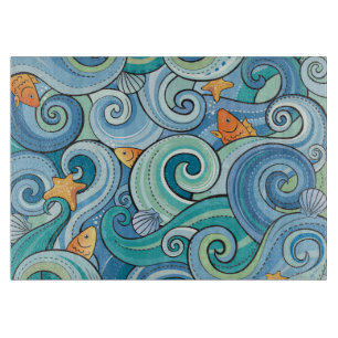 Planche À Découper Poisson parmi les Motifs des vagues