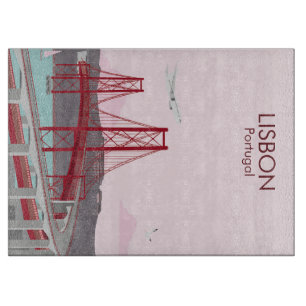 Planche À Découper Pont de Lisbonne sur le fleuve Tage au style vinta