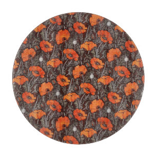 Planche À Découper POPIES ROUGES EN FLEAU DE Pavot BLANC NOIR