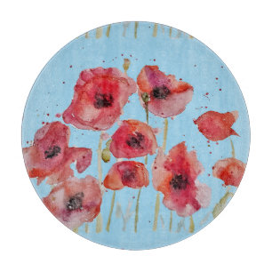 Planche À Découper Poppie rouge sur les Poppies d'aquarelle bleu Déco