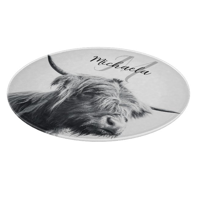 Planche À Découper Portrait de vache Highland premier monogramme noir (Coin)