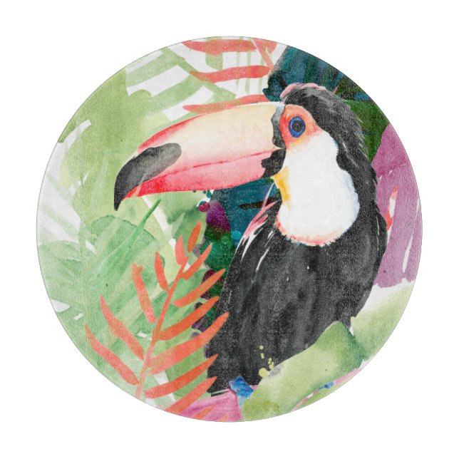 Planche À Découper Portrait toucan avec Feuilles tropicaux (Devant)