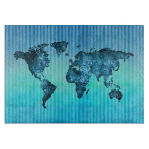 Planche À Découper Rayures bleues au néon de la carte du monde