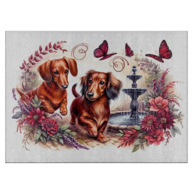 Planche À Découper Red Dachshunds in the Garden Cutting Board : (Devant)