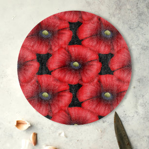 Planche À Découper Red Poppy Motif rond Black Glass Coupe Board