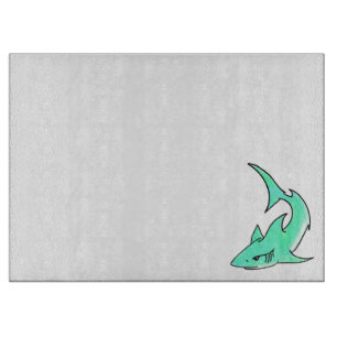 Planche À Découper requin souriant de dessin animé bleu vert océan an
