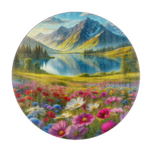Planche À Découper Ressort coloré/lac de montagne fleuri