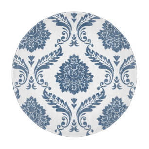 Planche À Découper Rococo Damassé Grand Motif Bleu sur Blanc