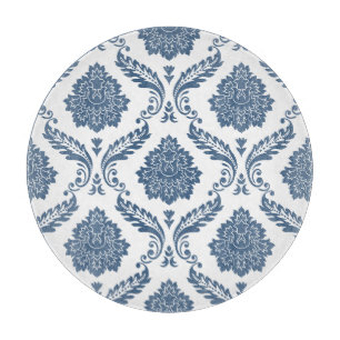 Planche À Découper Rococo Damassé Grand Motif Bleu sur Blanc