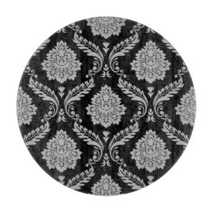Planche À Découper Rococo Damassé Grand Motif Gris sur Noir