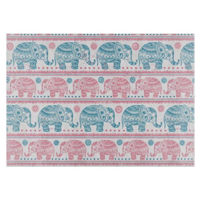 Planche À Découper Rose et motif ethnique turquoise d'éléphant (Devant)
