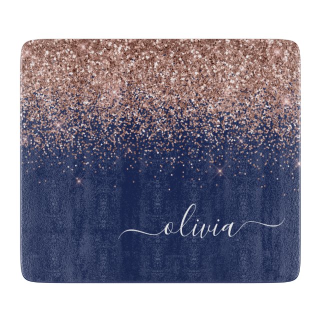 Planche À Découper Rose Gold Paillet Monogramme Bleu Marine (Devant)