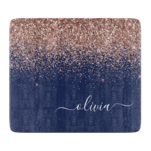 Planche À Découper Rose Gold Pailleté Monogramme Bleu Marine