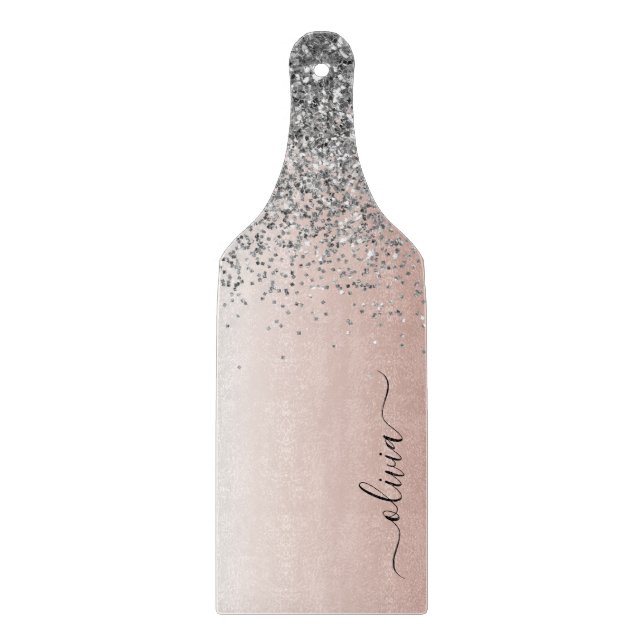 Planche À Découper Rose Gold - Rose Pâle Pailleté Argenté Monogramme (Devant)