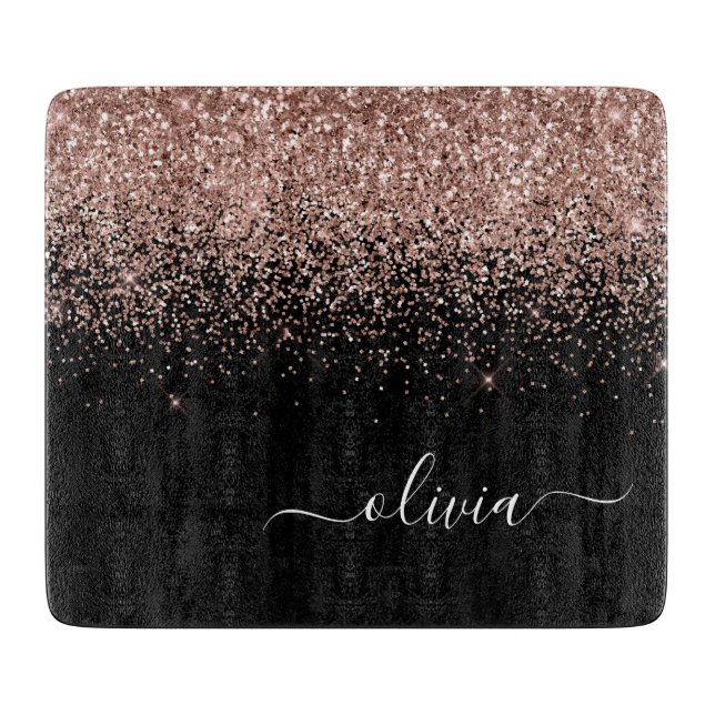 Planche À Découper Rose Gold Rose Pâle Paillettes Monogramme Féminin (Devant)
