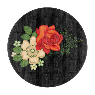 Planche À Découper Rose rouge et marguerites sur fond noir