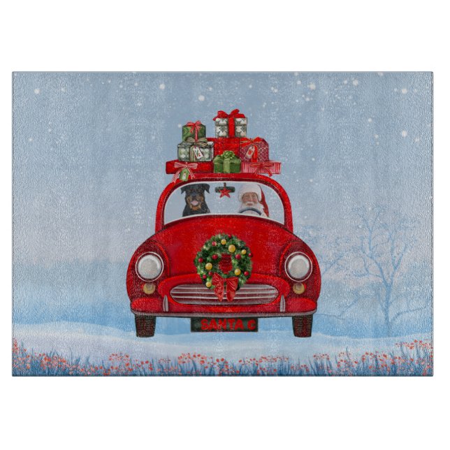 Planche À Découper Rottweiler Chien En Voiture Avec Le Père Noël (Devant)