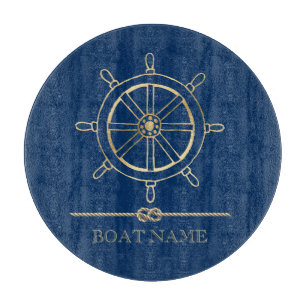 Planche À Découper Roue de bateau en or nautique, Bleu marine