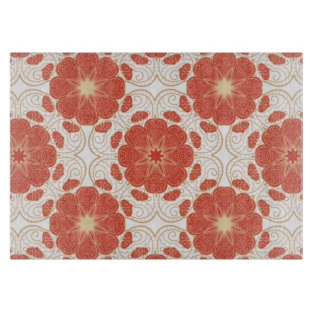 Planche À Découper Rouge et motif floral de dentelle d'or (Devant)