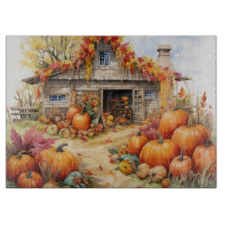 PLANCHE À DÉCOUPER RUSTIC FALL FARMHOUSE WITH AUTUMN PUMPKINS