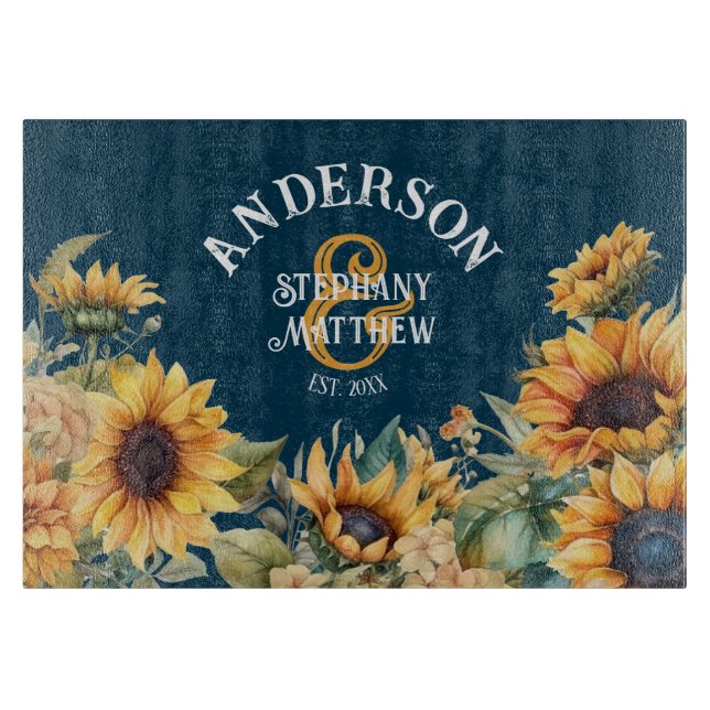 Planche À Découper Rustic Sunflower Navy Cadeau Mariage personnalisé (Devant)