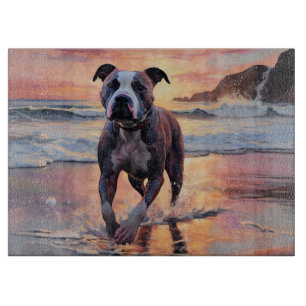 Planche À Découper Sandy American Staffordshire Dog on Beach Sunset