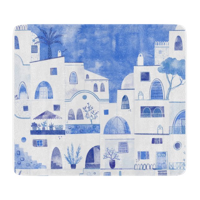 Planche À Découper Santorin Grec Ile Aquarelle Townscape (Devant)